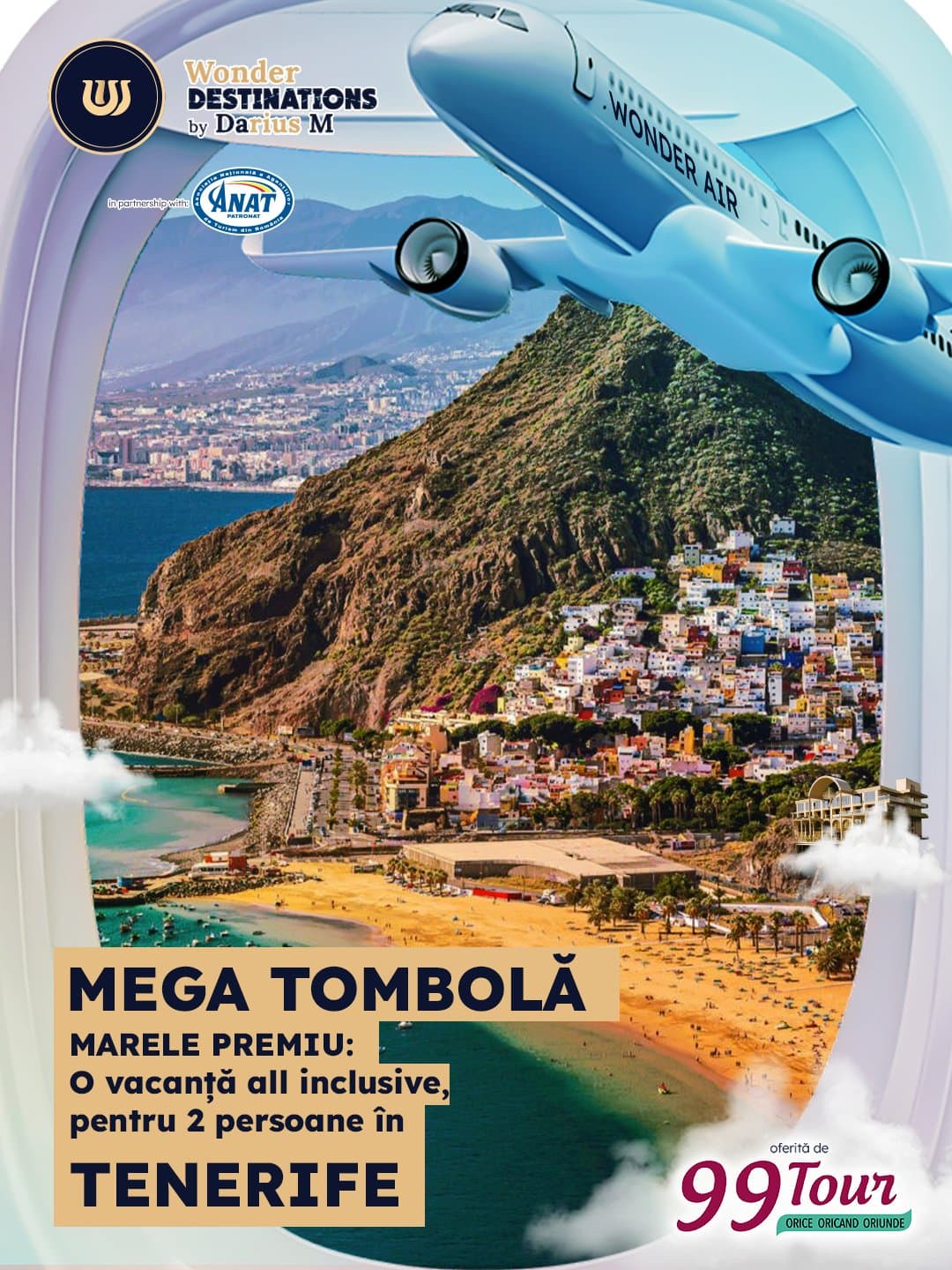Mega tombolă Wonder Destinations — vacanță all inclusive pentru 2 persoane în Tenerife, oferită de 99Tour